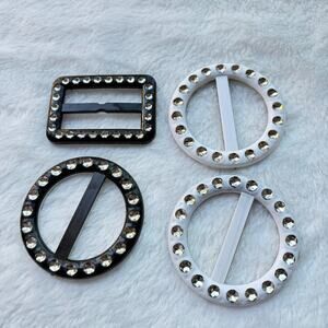 Vintage 80s Lot Plastic Belt Buckles Scarf Shirt Slider Rings Rhinestone WHT BLK